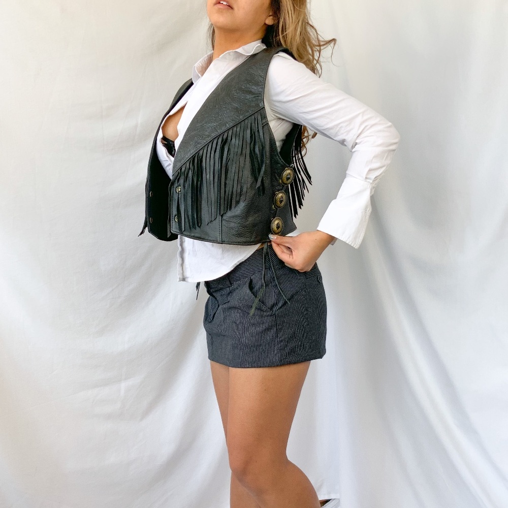 Vintage black tassel leather western biker vest
